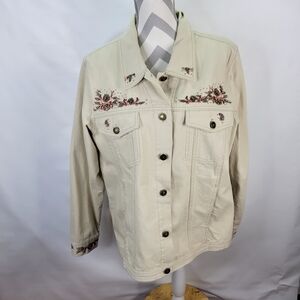 Denim & Co Cream Beaded Embroidered Denim Jacket Size XL